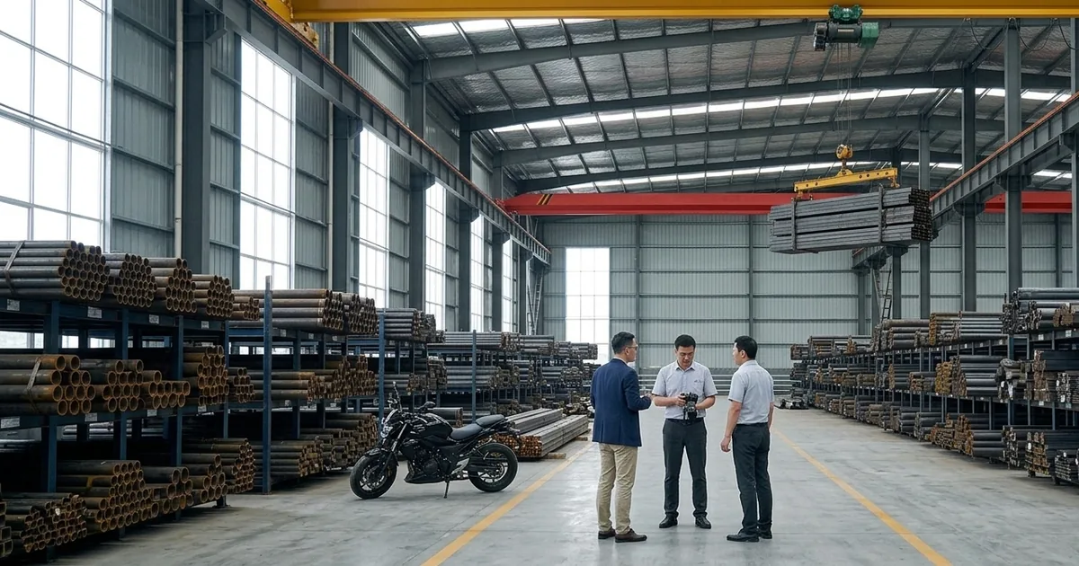 Workers talk in an aisle between racks of steel bars in a metal products warehouse