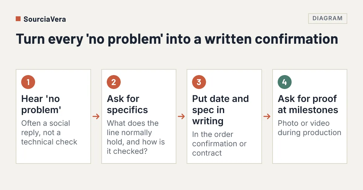 Diagram: Flow diagram of four steps for turning a supplier's 'no problem' into a written confirmation